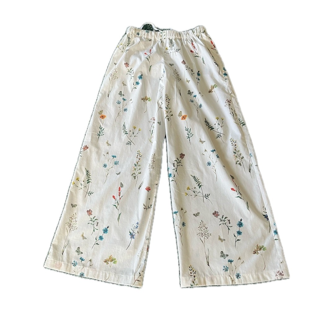 Handmade White Floral Wildflower Butterfly Print Wide Leg Pants Sz S Cottagecore